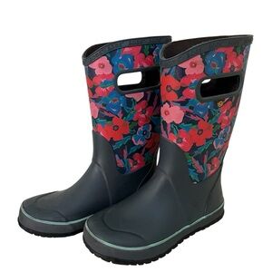 Bogs Girs Rain Boots Pink Blue Rubber Pansies Floral Pull On Youth Size 3